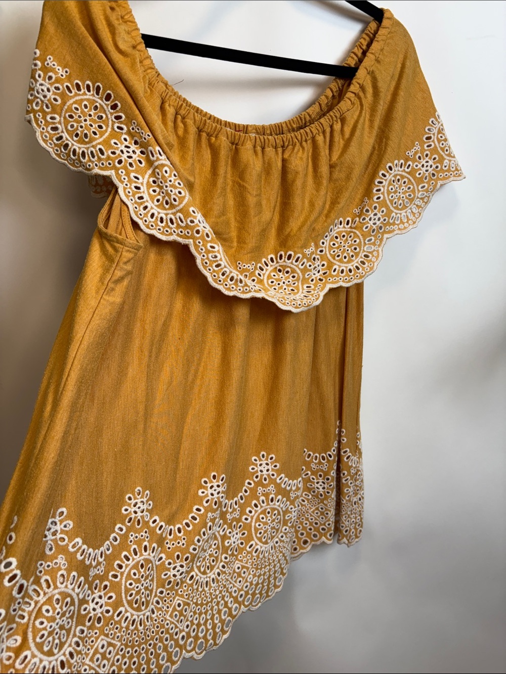 Fever Mustard Yellow Off-Shoulder Eyelet Blouse